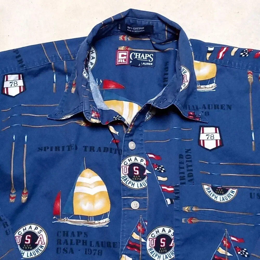 Vintage Chaps Ralph Lauren Sail Boat Yacht USA Flags Button Down Shirt Men Large